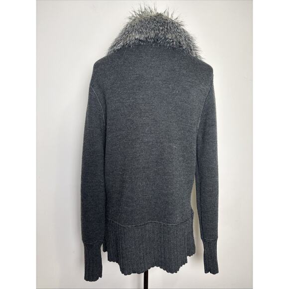Coldwater Creek Faux Fur Collar Cardigan Sweater Sz Small Gray Wool Preppy Glam - Picture 2 of 8